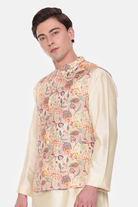 Buy_Mayank Modi - Men_Peach Muslin Jacobean Print Bundi For Kids_Online_at_Aza_Fashions