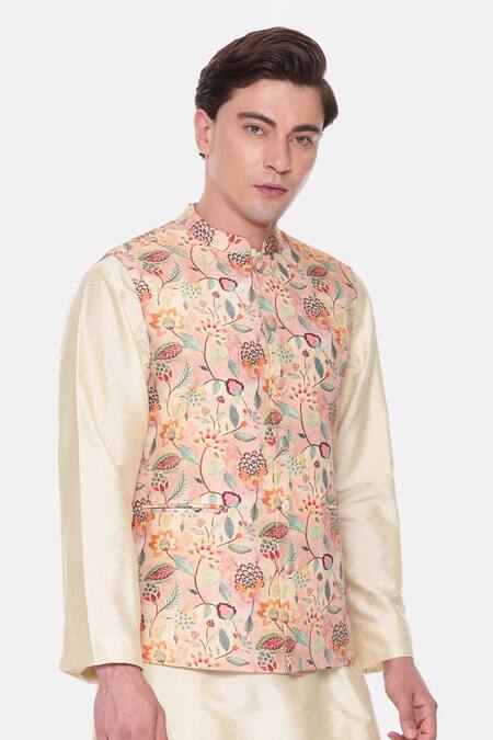 Shop_Mayank Modi - Men_Peach Muslin Jacobean Print Bundi For Kids_Online_at_Aza_Fashions
