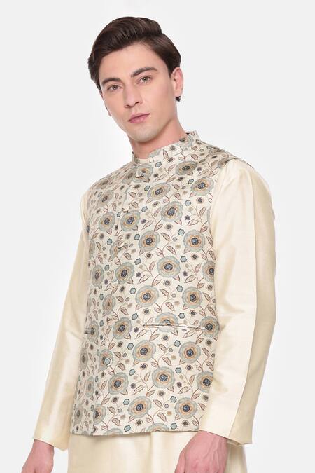 Buy_Mayank Modi - Men_Green Mulmul Printed Calico Floral Bundi _Online_at_Aza_Fashions