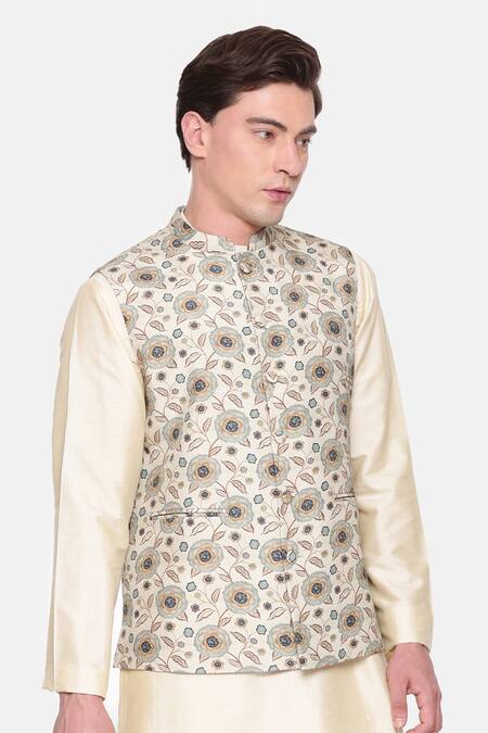 Mayank Modi - Men_Green Mulmul Printed Calico Floral Bundi _at_Aza_Fashions