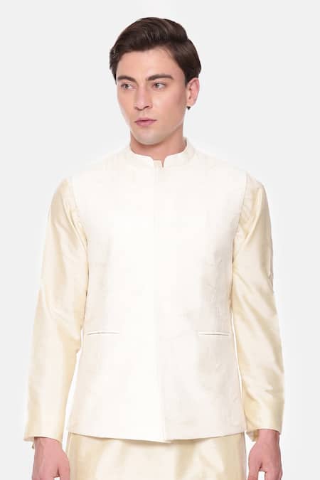 Mayank Modi - Men_Cream Chanderi Embroidery Leaf Vine Bundi _Online_at_Aza_Fashions