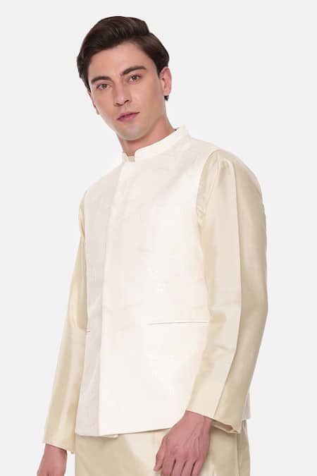 Buy_Mayank Modi - Men_Cream Chanderi Embroidery Leaf Vine Bundi _Online_at_Aza_Fashions