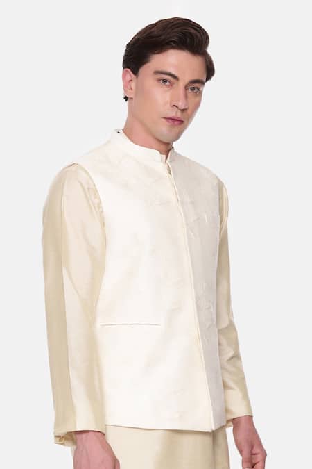 Shop_Mayank Modi - Men_Cream Chanderi Embroidery Leaf Vine Bundi _Online_at_Aza_Fashions
