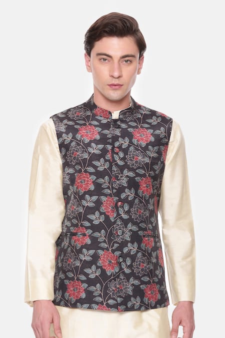 Mayank Modi - Men_Black Cotton Florette Print And Red Bundi _Online_at_Aza_Fashions