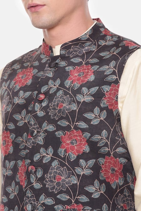 Buy_Mayank Modi - Men_Black Cotton Florette Print And Red Bundi _Online_at_Aza_Fashions