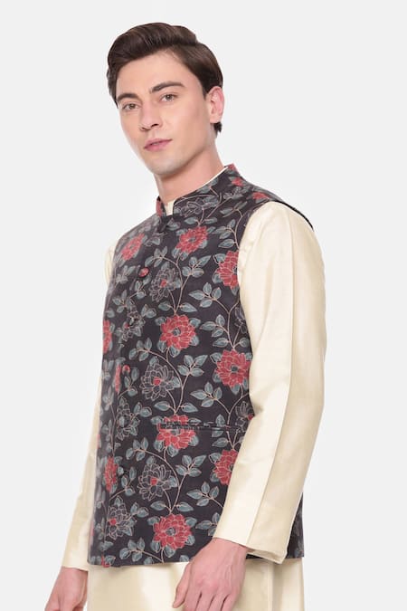 Shop_Mayank Modi - Men_Black Cotton Florette Print And Red Bundi _Online_at_Aza_Fashions