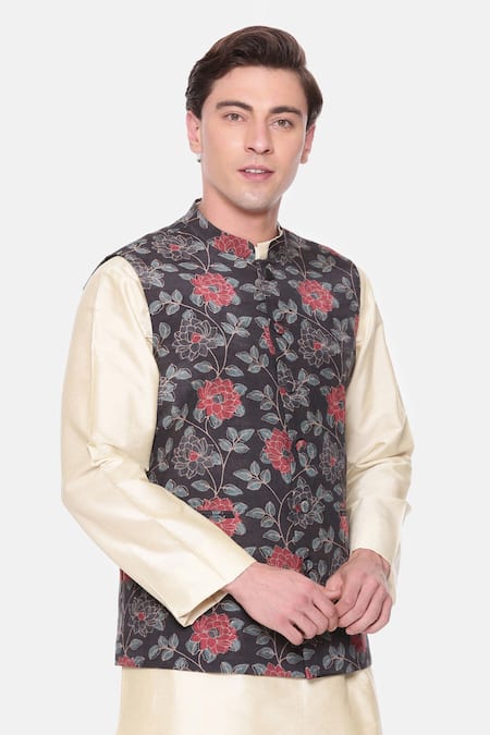 Mayank Modi - Men_Black Cotton Florette Print And Red Bundi _at_Aza_Fashions