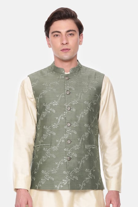Mayank Modi - Men Green Chanderi Embroidery, Sequins Floral Vine Bundi Online at Aza Fashions Mayank Modi - Men_Green Chanderi Embroidery, Sequins Floral Vine Bundi _Online_at_Aza_Fashions