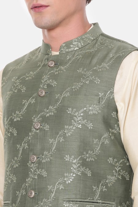 Mayank Modi - Men Green Chanderi Embroidery, Sequins Floral Vine Bundi at Aza Fashions Mayank Modi - Men_Green Chanderi Embroidery, Sequins Floral Vine Bundi _at_Aza_Fashions