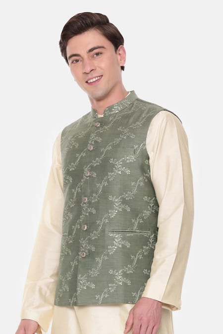 Buy Mayank Modi - Men Green Chanderi Embroidery, Sequins Floral Vine Bundi Online at Aza Fashions Buy_Mayank Modi - Men_Green Chanderi Embroidery, Sequins Floral Vine Bundi _Online_at_Aza_Fashions