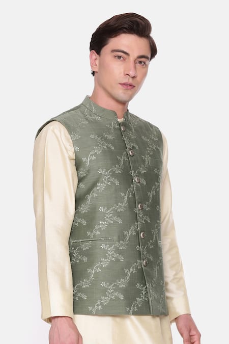 Shop Mayank Modi - Men Green Chanderi Embroidery, Sequins Floral Vine Bundi Online at Aza Fashions Shop_Mayank Modi - Men_Green Chanderi Embroidery, Sequins Floral Vine Bundi _Online_at_Aza_Fashions