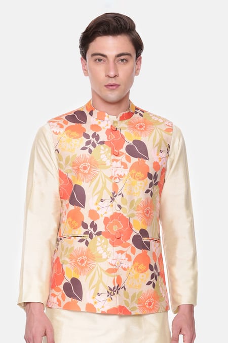 Mayank Modi - Men Beige Cotton Printed Flower Bundi In Orange And Online at Aza Fashions Mayank Modi - Men_Beige Cotton Printed Flower Bundi In Orange And _Online_at_Aza_Fashions