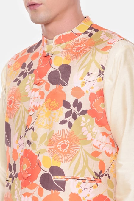 Buy Mayank Modi - Men Beige Cotton Printed Flower Bundi In Orange And Online at Aza Fashions Buy_Mayank Modi - Men_Beige Cotton Printed Flower Bundi In Orange And _Online_at_Aza_Fashions