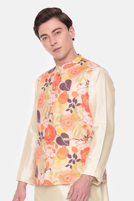 Shop Mayank Modi - Men Beige Cotton Printed Flower Bundi In Orange And Online at Aza Fashions Shop_Mayank Modi - Men_Beige Cotton Printed Flower Bundi In Orange And _Online_at_Aza_Fashions