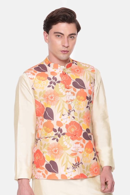 Mayank Modi - Men Beige Cotton Printed Flower Bundi In Orange And at Aza Fashions Mayank Modi - Men_Beige Cotton Printed Flower Bundi In Orange And _at_Aza_Fashions
