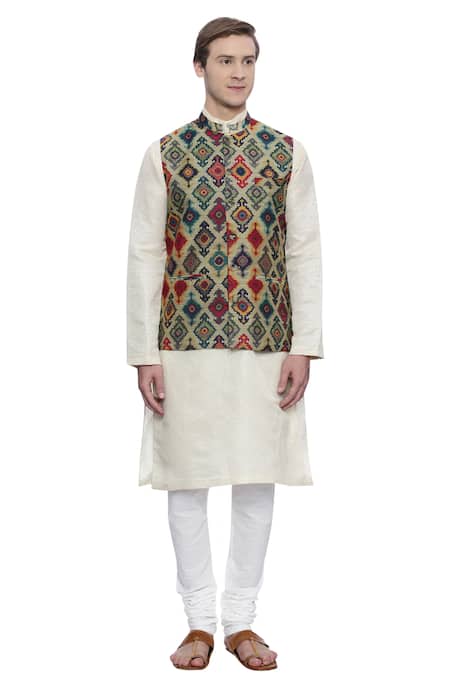 Buy_Mayank Modi - Men_Multi Color Chanderi Geometric Digital Printed Nehru Jacket For Kids_Online_at_Aza_Fashions