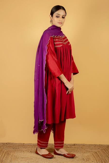 Priya Chaudhary Maroon Cotton, Organza, Chanderi Silk Notched Anarkali Set Online at Aza Fashions Priya Chaudhary_Maroon Cotton, Organza, Chanderi Silk Notched Anarkali Set _Online_at_Aza_Fashions