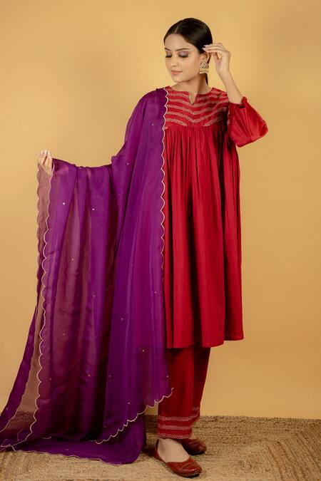 Buy Priya Chaudhary Maroon Cotton, Organza, Chanderi Silk Notched Anarkali Set Online at Aza Fashions Buy_Priya Chaudhary_Maroon Cotton, Organza, Chanderi Silk Notched Anarkali Set _Online_at_Aza_Fashions