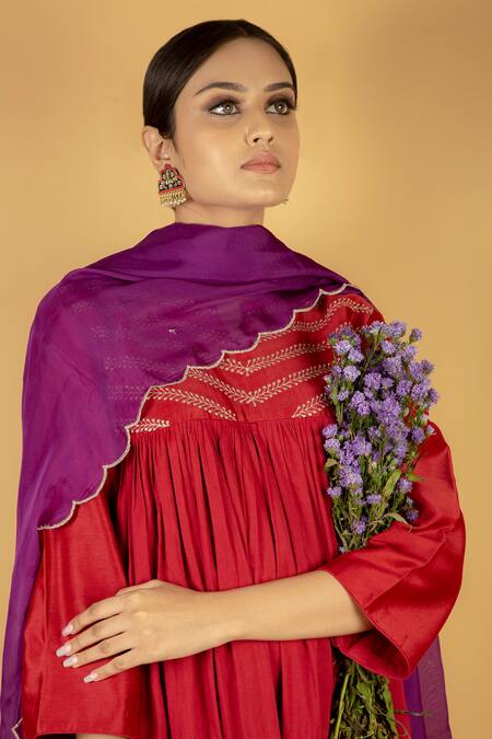 Shop Priya Chaudhary Maroon Cotton, Organza, Chanderi Silk Notched Anarkali Set Online at Aza Fashions Shop_Priya Chaudhary_Maroon Cotton, Organza, Chanderi Silk Notched Anarkali Set _Online_at_Aza_Fashions