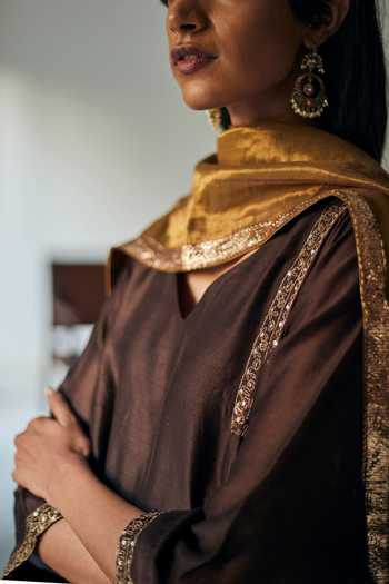 Shorshe Clothing_Brown Chanderi And Tissue V Neck Kurta & Sharara Pant Set_Online_at_Aza_Fashions