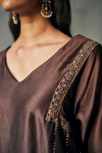 Buy_Shorshe Clothing_Brown Chanderi And Tissue V Neck Kurta & Sharara Pant Set_Online_at_Aza_Fashions