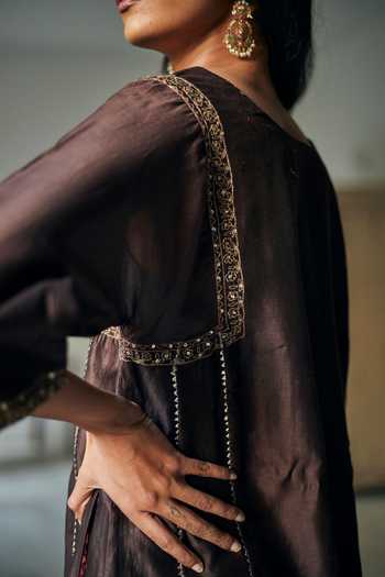 Shop_Shorshe Clothing_Brown Chanderi And Tissue V Neck Kurta & Sharara Pant Set_Online_at_Aza_Fashions