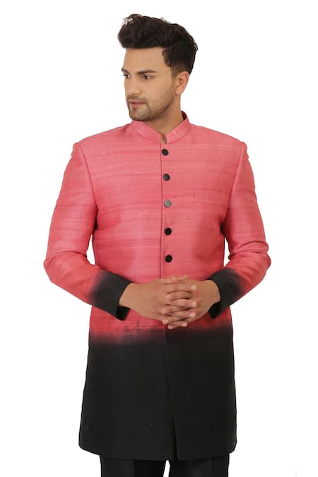 Manish Nagdeo_Black Art Silk Button Front Sherwani And Pant Set _Online_at_Aza_Fashions