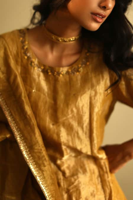 Shorshe Clothing_Yellow Handloom Tissue Round Kurta And Sharara Set_Online_at_Aza_Fashions