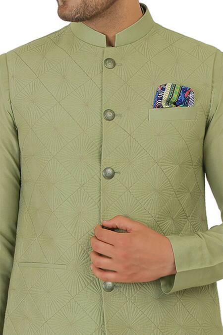 Manish Nagdeo Green Cotton Silk Quilted Bundi And Kurta Set at Aza Fashions Manish Nagdeo_Green Cotton Silk Quilted Bundi And Kurta Set _at_Aza_Fashions