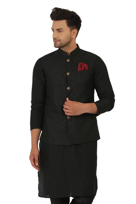 Manish Nagdeo_Black Cotton Silk Button Front Bundi And Kurta Set_Online_at_Aza_Fashions