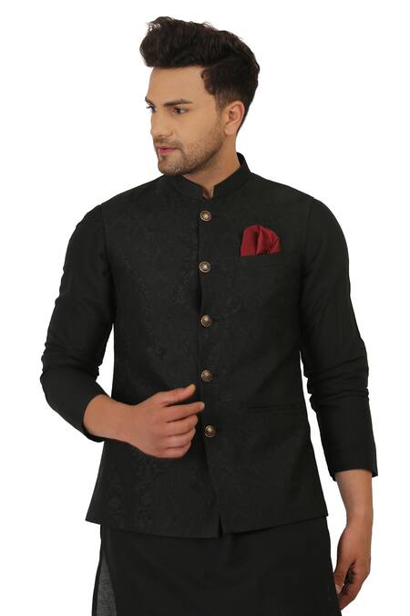 Buy_Manish Nagdeo_Black Cotton Silk Button Front Bundi And Kurta Set_Online_at_Aza_Fashions