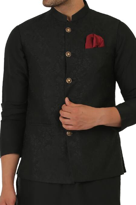 Manish Nagdeo_Black Cotton Silk Button Front Bundi And Kurta Set_at_Aza_Fashions