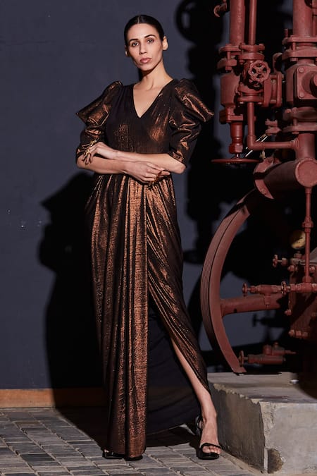 Shop Manika Nanda Brown Crepe Spandex V Neck Metallic Draped Gown at Aza Fashions Shop_Manika Nanda_Brown Crepe Spandex V Neck Metallic Draped Gown _at_Aza_Fashions