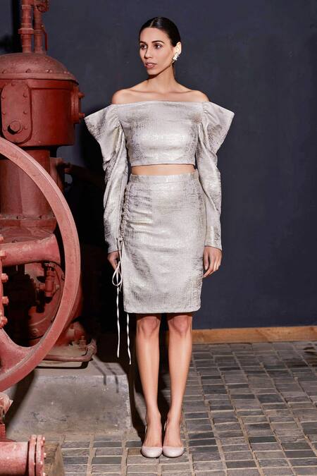Buy Manika Nanda Gold Crepe Spandex Straight Metallic Off Shoulder Top And Skirt Set Online at Aza Fashions Buy_Manika Nanda_Gold Crepe Spandex Straight Metallic Off Shoulder Top And Skirt Set _Online_at_Aza_Fashions