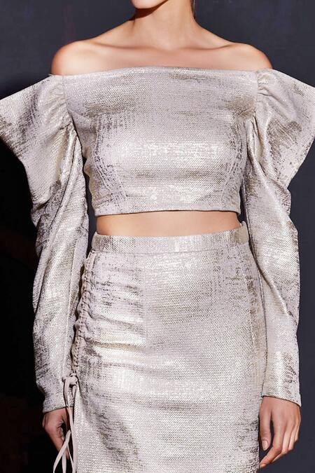 Shop Manika Nanda Gold Crepe Spandex Straight Metallic Off Shoulder Top And Skirt Set Online at Aza Fashions Shop_Manika Nanda_Gold Crepe Spandex Straight Metallic Off Shoulder Top And Skirt Set _Online_at_Aza_Fashions