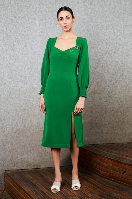 Shop Manika Nanda Green Crepe Spandex V Neck Pencil-fit Dress at Aza Fashions Shop_Manika Nanda_Green Crepe Spandex V Neck Pencil-fit Dress _at_Aza_Fashions
