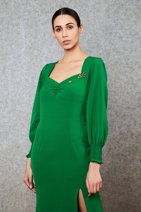 Manika Nanda Green Crepe Spandex V Neck Pencil-fit Dress Online at Aza Fashions Manika Nanda_Green Crepe Spandex V Neck Pencil-fit Dress _Online_at_Aza_Fashions