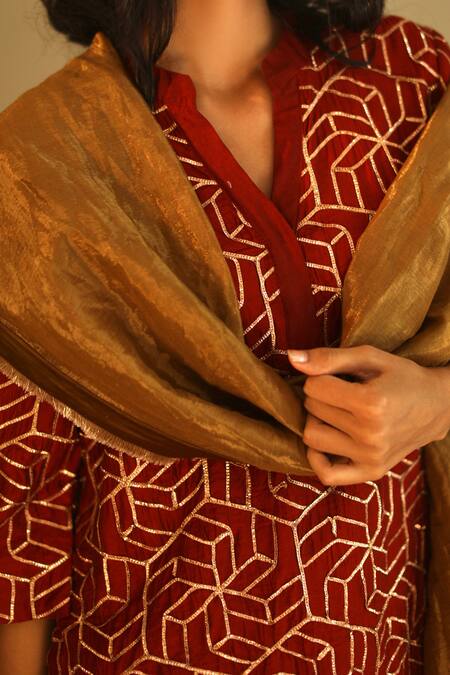 Buy Shorshe Clothing Gold Gota Chanderi, Handloom Tissue Mandarin Collar Embroidered Kurta Set Online at Aza Fashions Buy_Shorshe Clothing_Gold Gota Chanderi, Handloom Tissue Mandarin Collar Embroidered Kurta Set_Online_at_Aza_Fashions