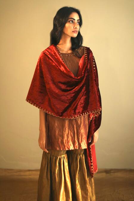 Shorshe Clothing Red Handloom Tissue Round Kurta And Sharara Set Online at Aza Fashions Shorshe Clothing_Red Handloom Tissue Round Kurta And Sharara Set _Online_at_Aza_Fashions