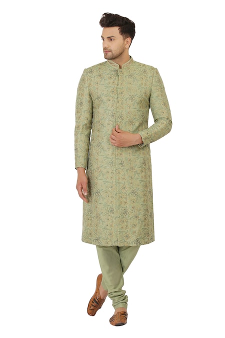 Manish Nagdeo Green Cotton Silk Block Print Sherwani And Kurta Set 