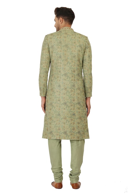 Shop Manish Nagdeo Green Cotton Silk Block Print Sherwani And Kurta Set at Aza Fashions Shop_Manish Nagdeo_Green Cotton Silk Block Print Sherwani And Kurta Set _at_Aza_Fashions