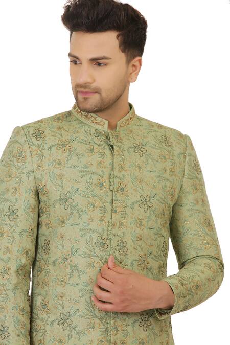 Buy Manish Nagdeo Green Cotton Silk Block Print Sherwani And Kurta Set Online at Aza Fashions Buy_Manish Nagdeo_Green Cotton Silk Block Print Sherwani And Kurta Set _Online_at_Aza_Fashions