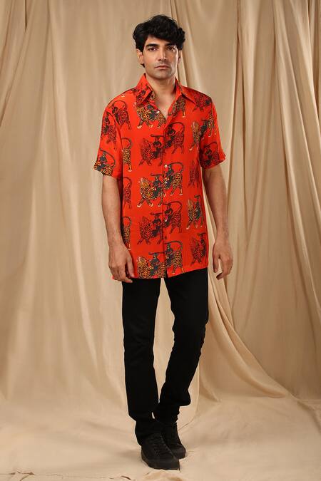 Shop Masaba Red Crepe Sultan Print Shirt Online at Aza Fashions Shop_Masaba_Red Crepe Sultan Print Shirt _Online_at_Aza_Fashions