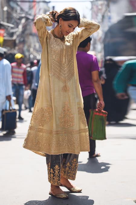 Heena Kochhar Gold Tissue Embroidered Anarkali Set