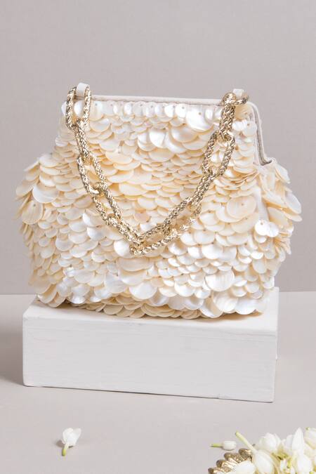Shop The Leather Garden White Beads Embellished Handbag at Aza Fashions Shop_The Leather Garden_White Beads Embellished Handbag _at_Aza_Fashions