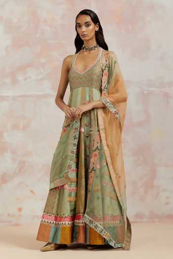 Aum By Asit And Ashima_Green Anarkali Silk, Dupatta Organza Bird, Chevron Halter Embroidered With_Online_at_Aza_Fashions
