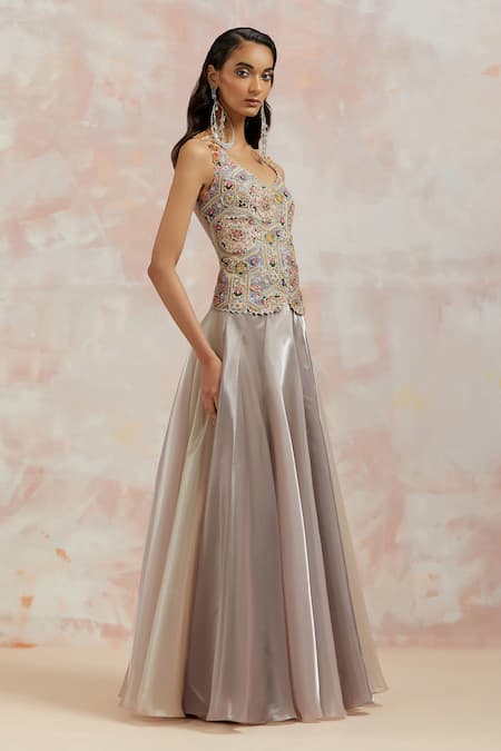 Buy_Aum By Asit And Ashima_Grey Corset Silk And Skirt Organza Thread, Cutdana & Beads Embroidered And Set_Online_at_Aza_Fashions