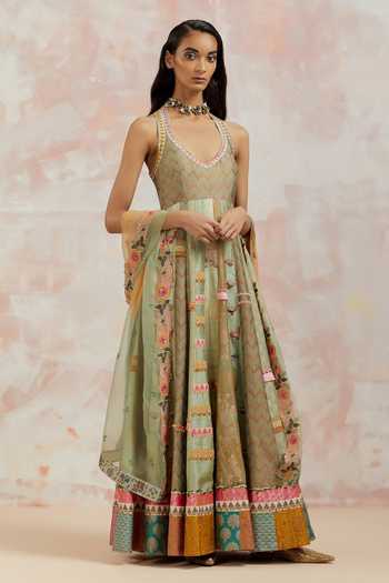 Buy_Aum By Asit And Ashima_Green Anarkali Silk, Dupatta Organza Bird, Chevron Halter Embroidered With_Online_at_Aza_Fashions