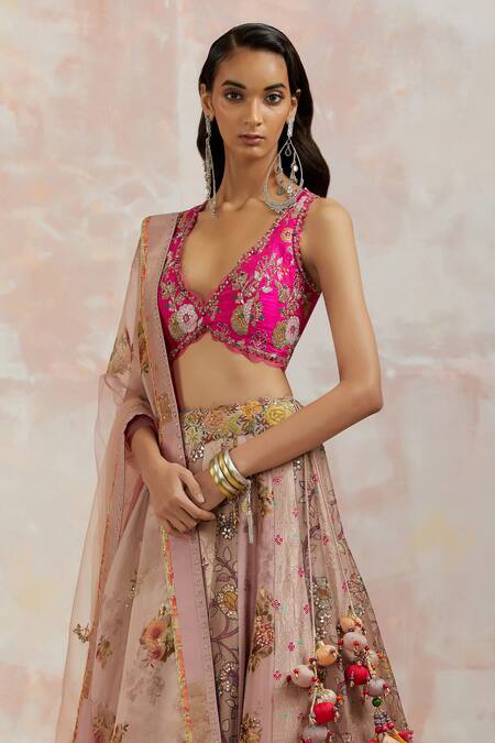 Aum By Asit And Ashima Fuchsia Blouse , Lehenga Banarasi And Dupatta Net Mirror, Thread, Set at Aza Fashions Aum By Asit And Ashima_Fuchsia Blouse , Lehenga Banarasi And Dupatta Net Mirror, Thread, Set_at_Aza_Fashions