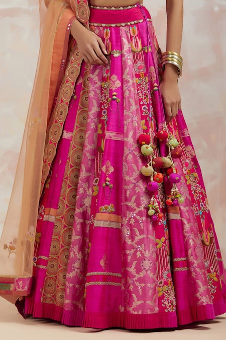 Aum By Asit And Ashima_Fuchsia Blouse And Lehenga Silk & Dupatta Organza Mirror, Sequin & Beads, Set _at_Aza_Fashions